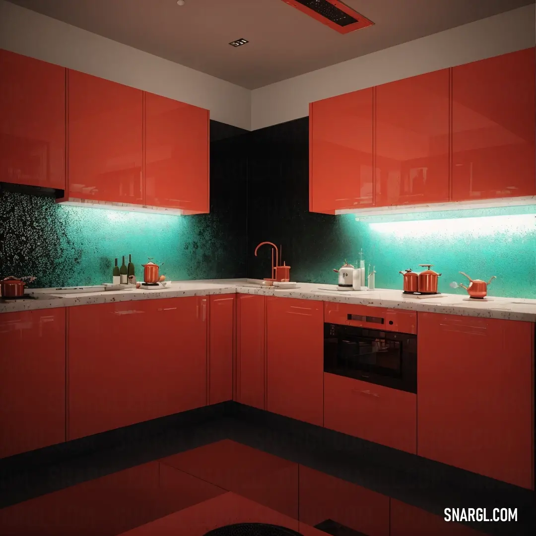 Kitchen with orange cabinets and a black wall and a white ceiling and a black floor and a red stove and sink