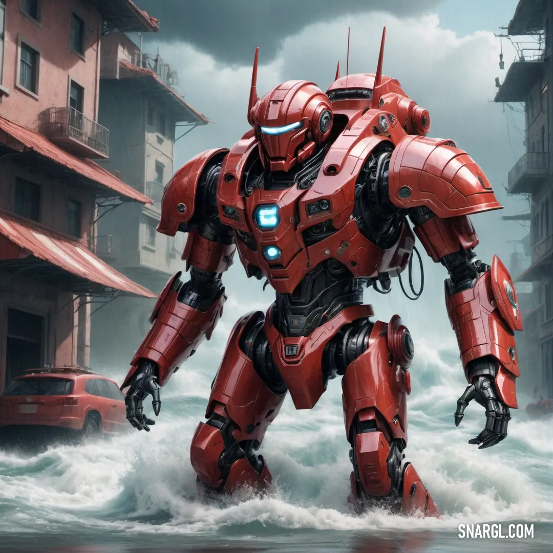 Red robot standing in the water in front of a cityscape with buildings and a red car