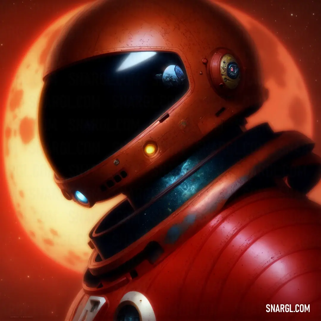 Red robot with a helmet on top of a red object in front of a full moon