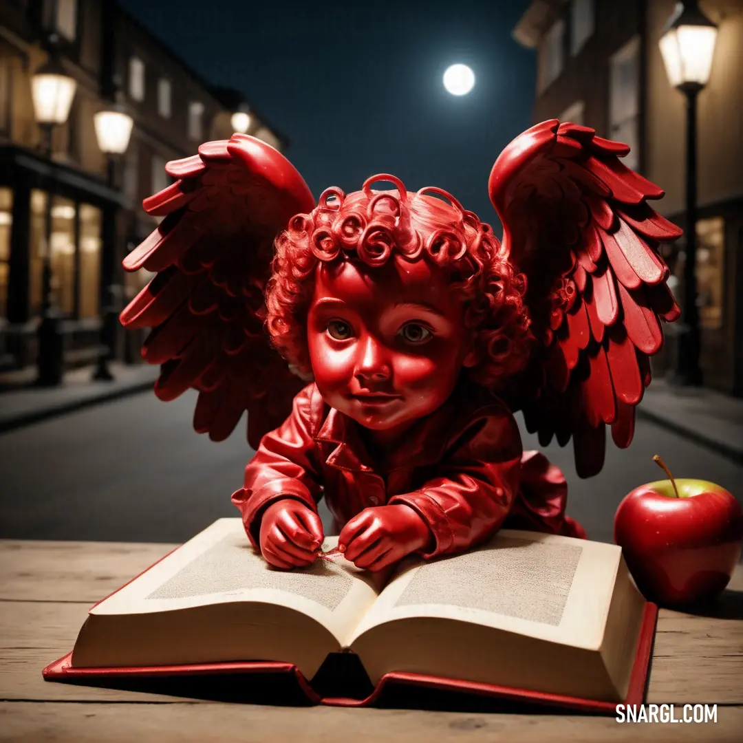 Red statue of an angel reading a book with an apple on the table in front of it and a street light in the background