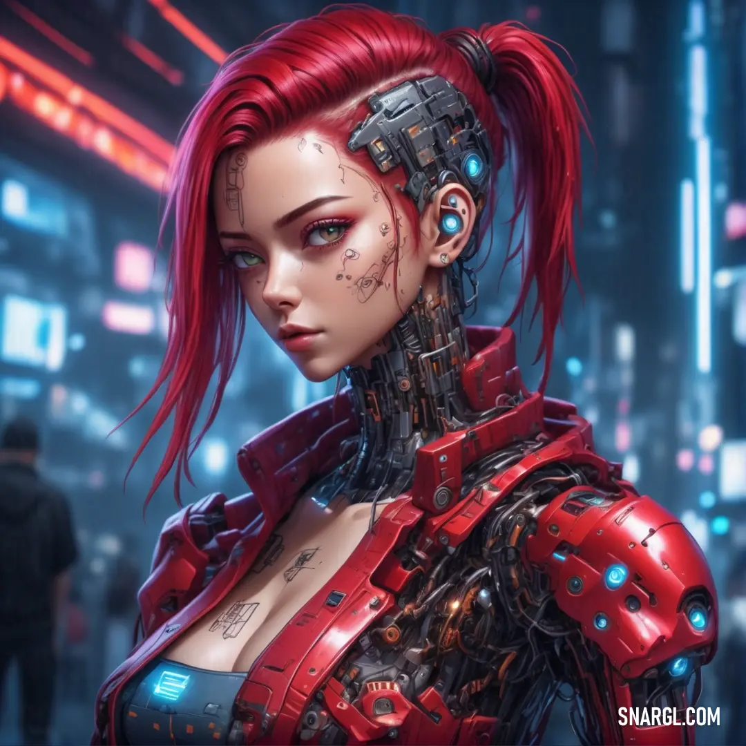 Woman with red hair and piercings in a futuristic city setting with neon lights and a futuristic robot suit. Color PANTONE 1807.