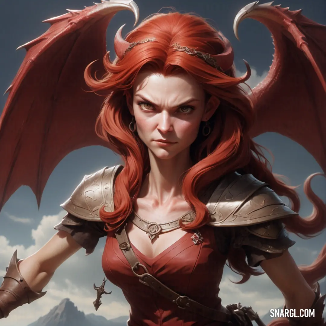 Woman with red hair and a dragon like head and wings on her shoulders. Example of PANTONE 1807 color.