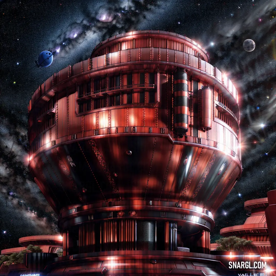 Futuristic building with a lot of lights on it's side and a lot of stars in the sky. Example of #7F2F2D color.
