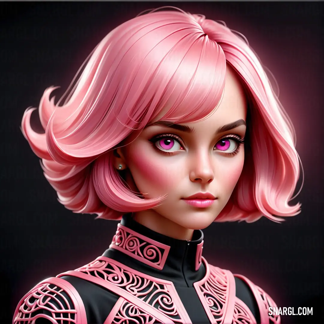 Digital painting of a woman with pink hair and a black dress with a pink collared top