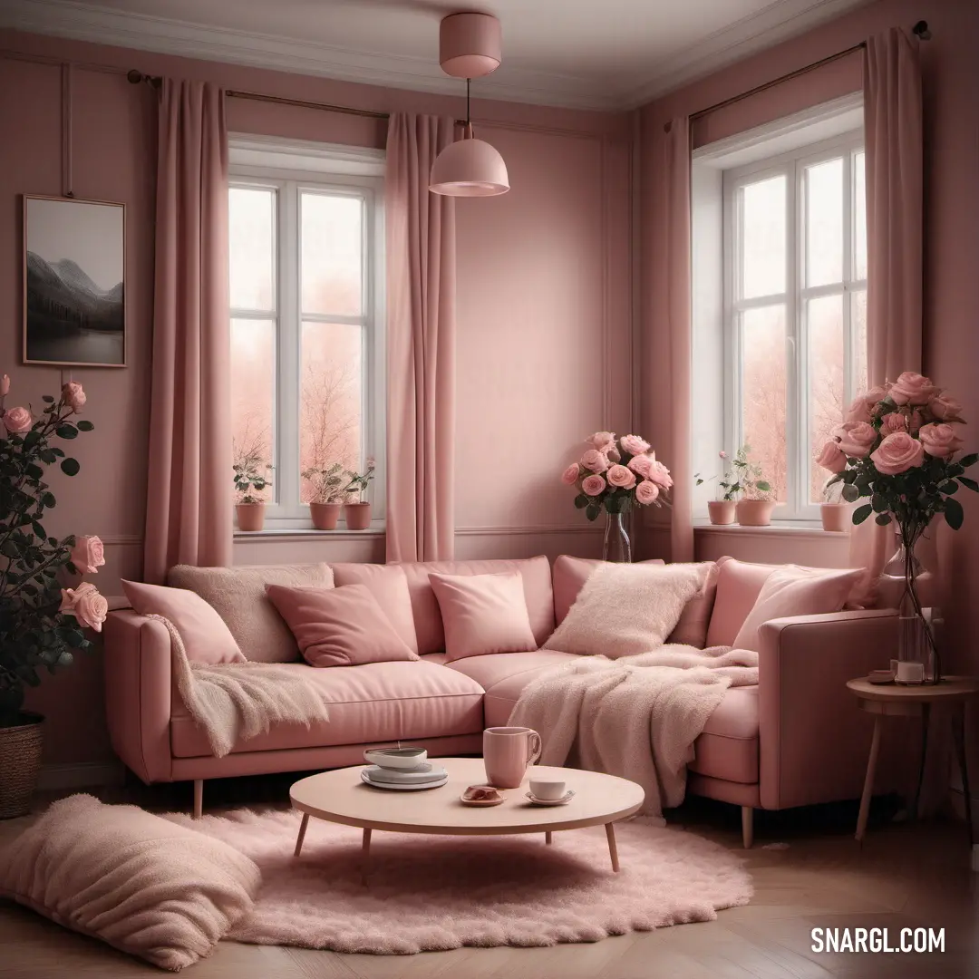 Living room with pink walls and a pink couch and chair and a coffee table with a cup on it