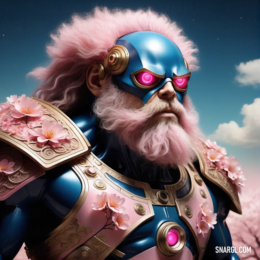 Man with a beard and a pink wig wearing a blue suit and pink eye makeup and a pink flower in his hair