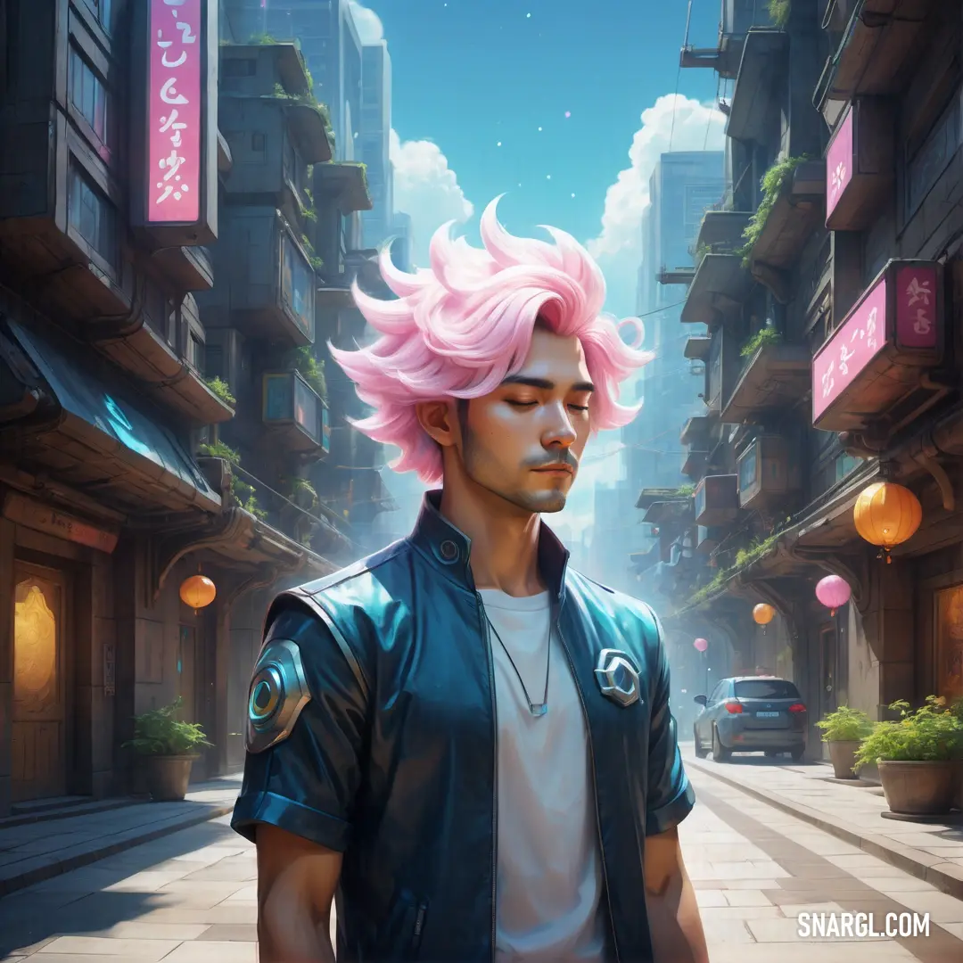 Man with pink hair standing in a city street with a pink mohawk and a white shirt on his shirt