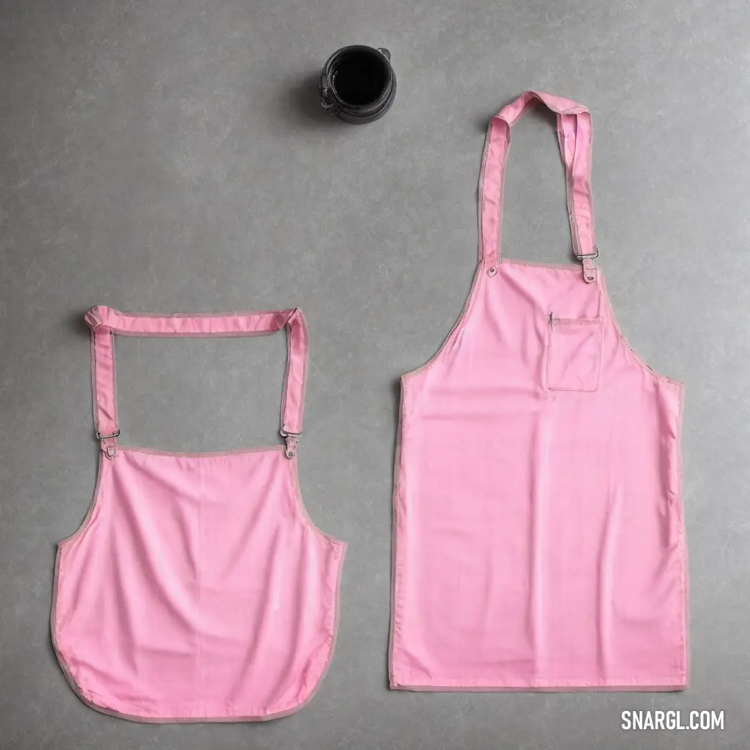 Pink apron and a cup of coffee on a table with a gray background and a pair of scissors