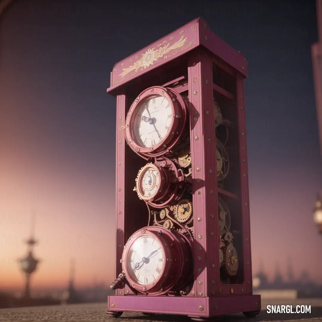 Pink clock with three clocks on it's sides and a city in the background with a pink sky. Color RGB 236,190,197.