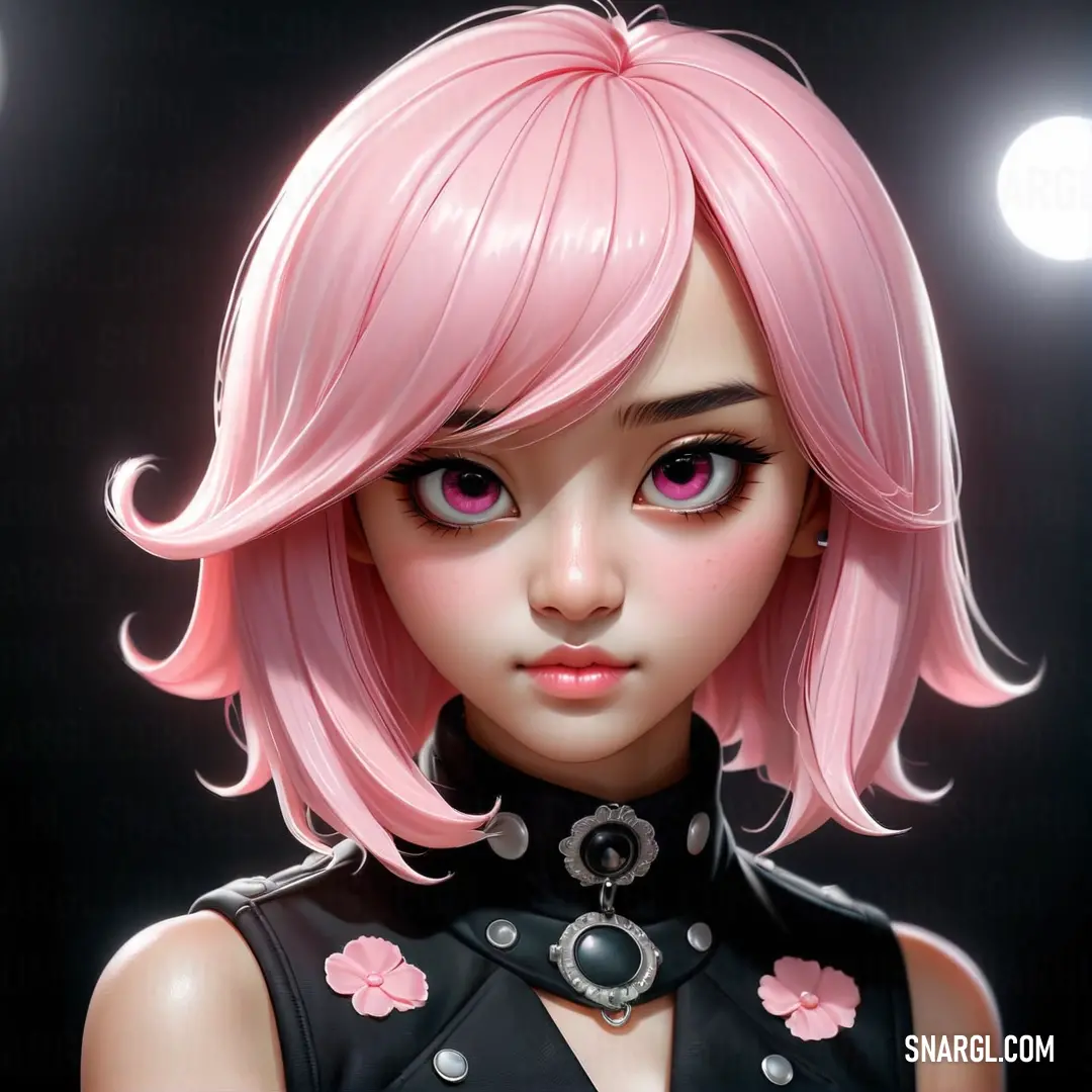 Pink haired girl with pink hair and a black top with pink flowers on it's chest and collar