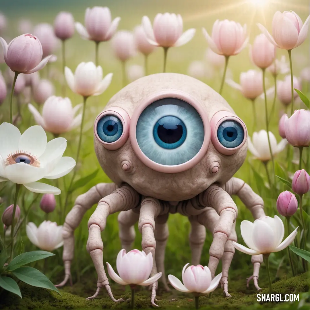 Strange looking creature with blue eyes surrounded by flowers and flowers in the grass with a sun shining behind it
