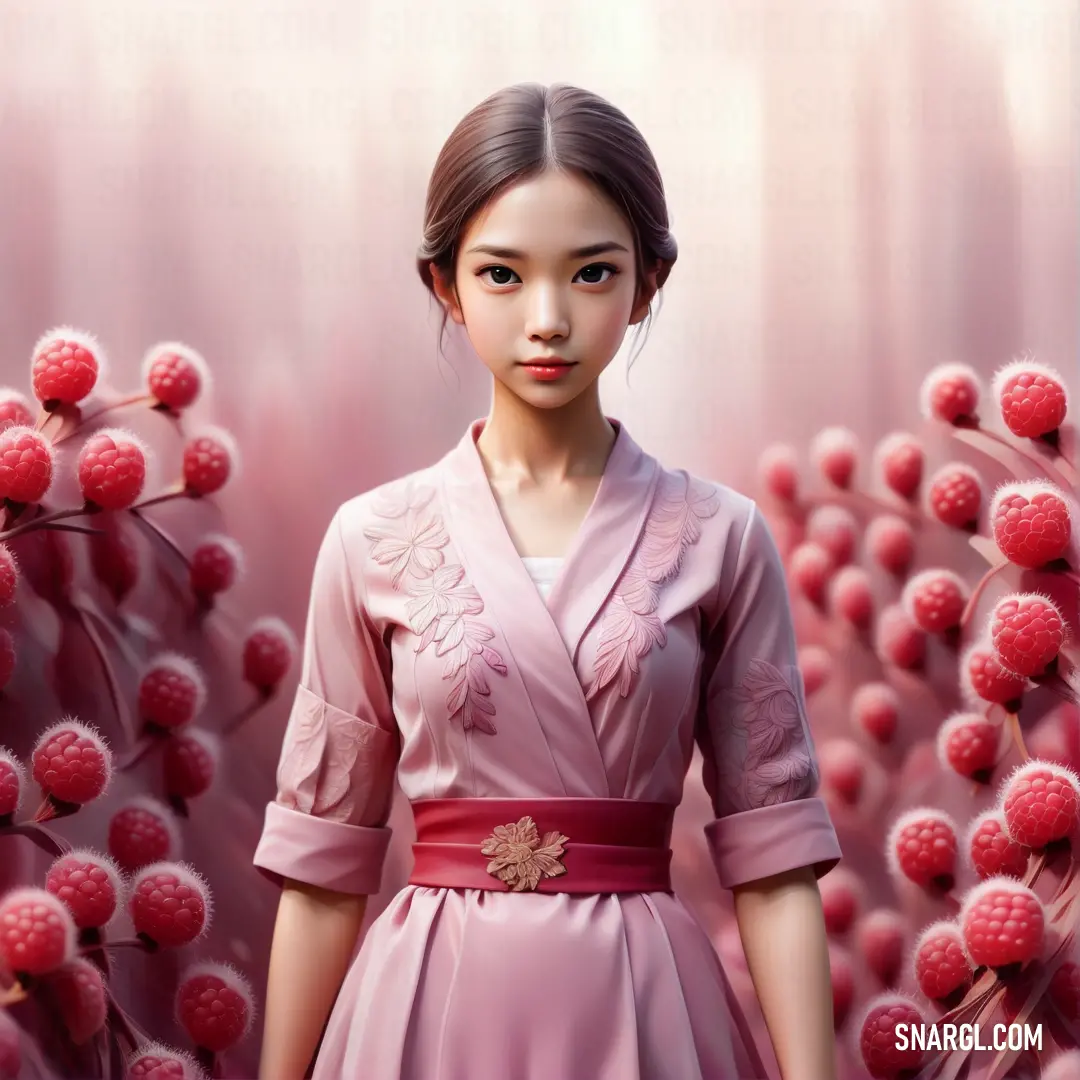 Woman in a pink dress standing in front of a bunch of raspberries with a pink background. Example of PANTONE 182 color.