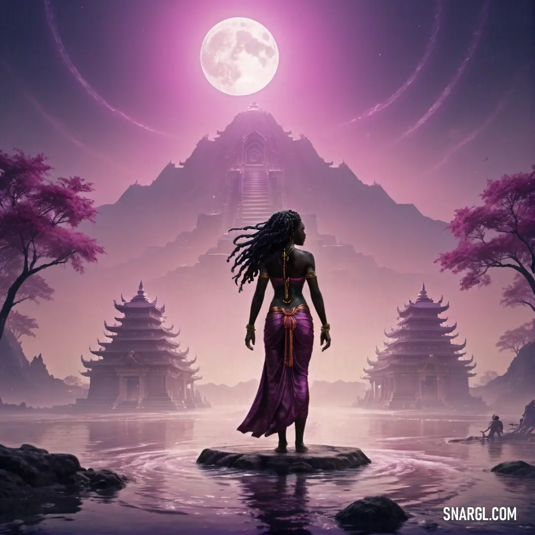Woman standing on a rock in front of a purple sky with a full moon in the background