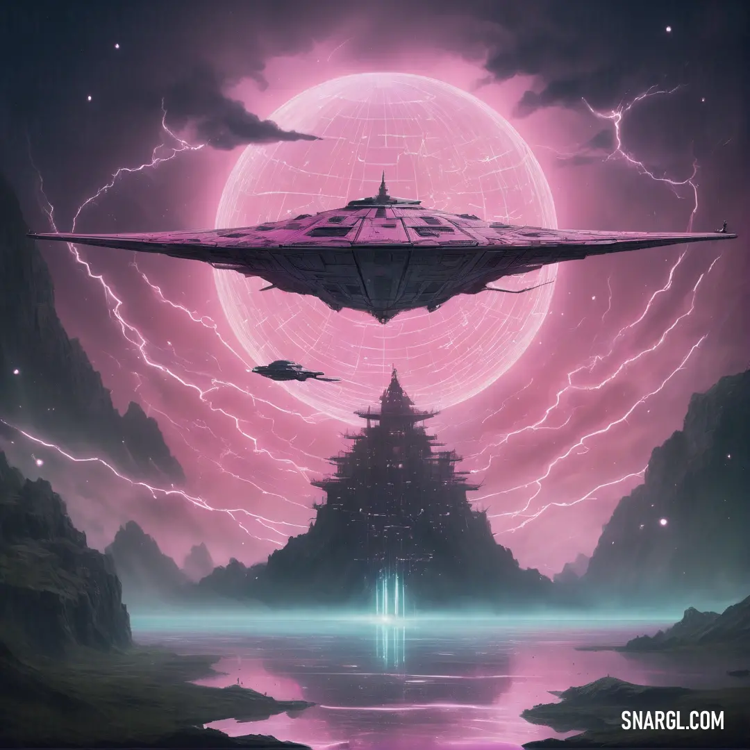 Futuristic ship floating in the sky over a mountain range with lightning coming from it and a giant moon in the background
