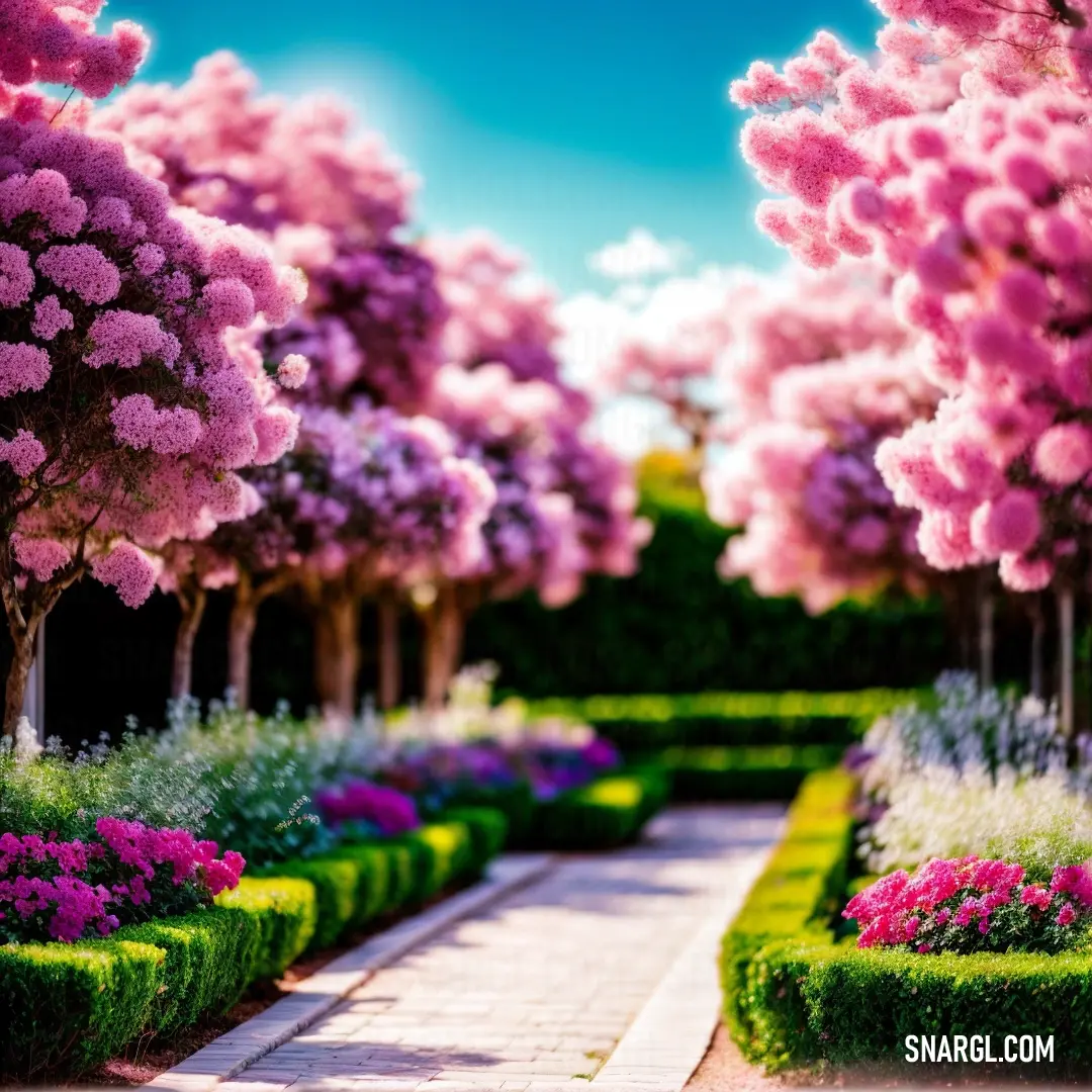 Garden with a pathway lined with trees and flowers in blooming colors and a blue sky in the background