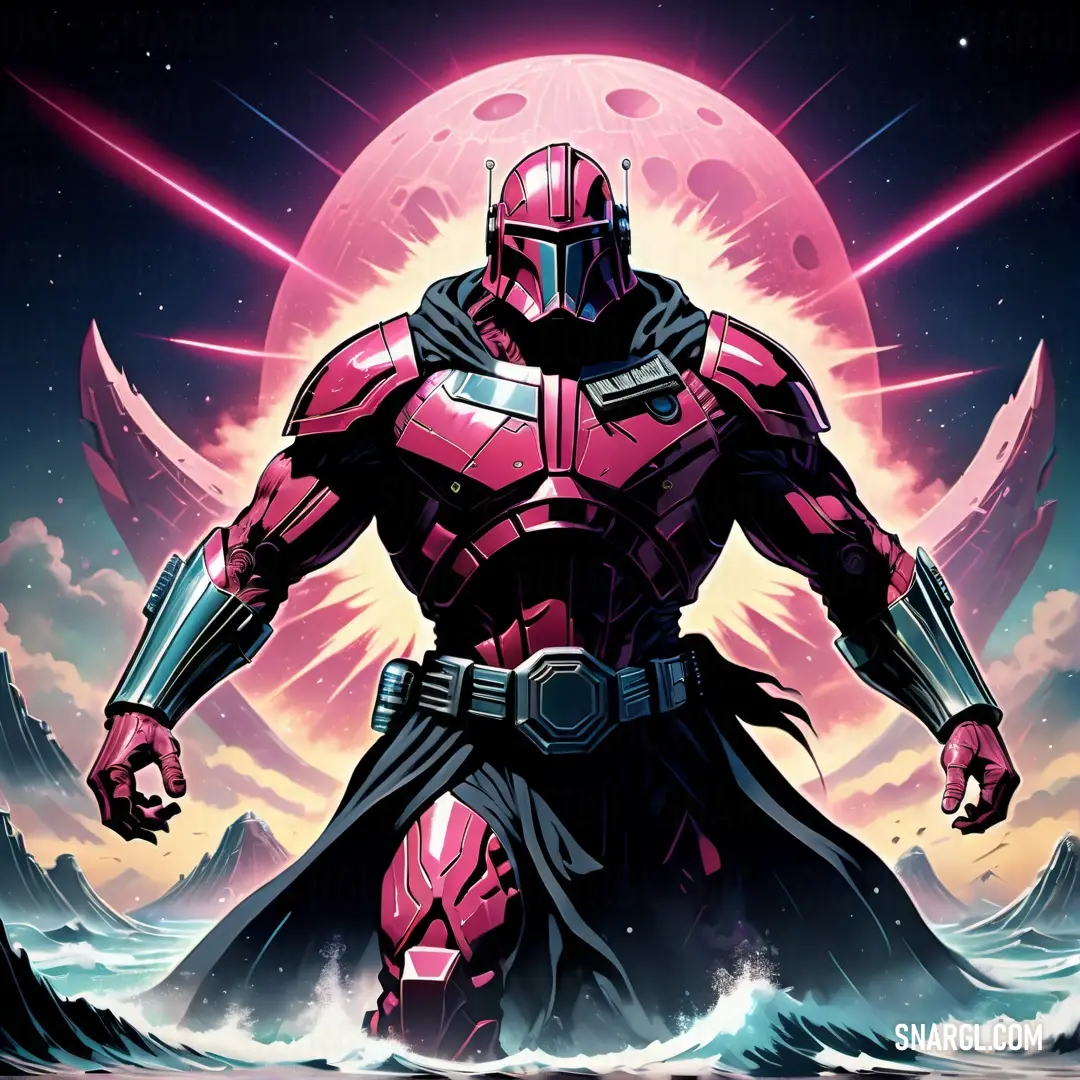 Man in a suit standing in front of a giant pink moon with a sword in his hand and a helmet on