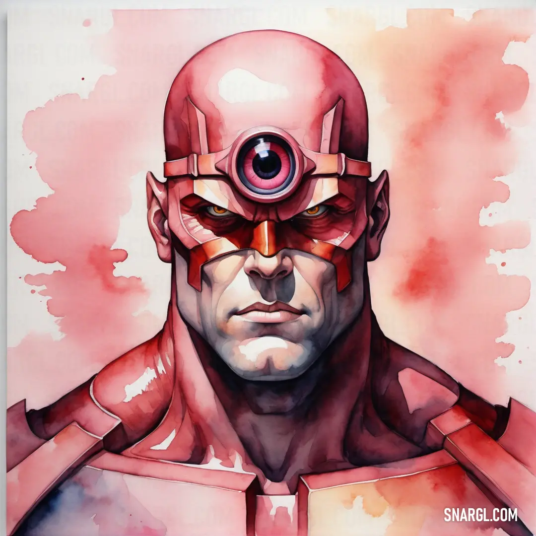 Painting of a man with a red eye and a red helmet on his head and chest