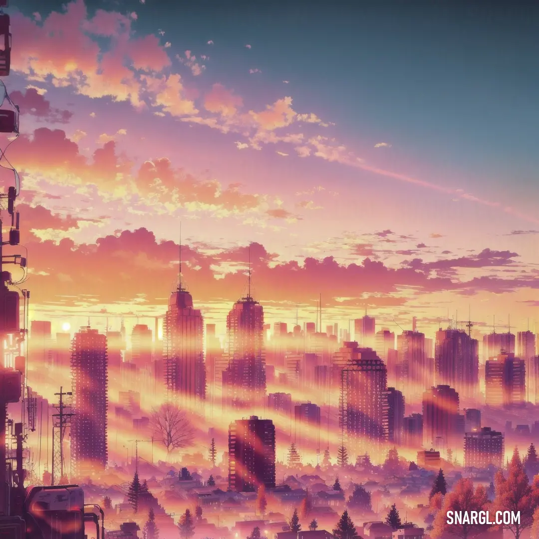 City skyline with a lot of tall buildings and a lot of clouds in the sky at sunset or dawn