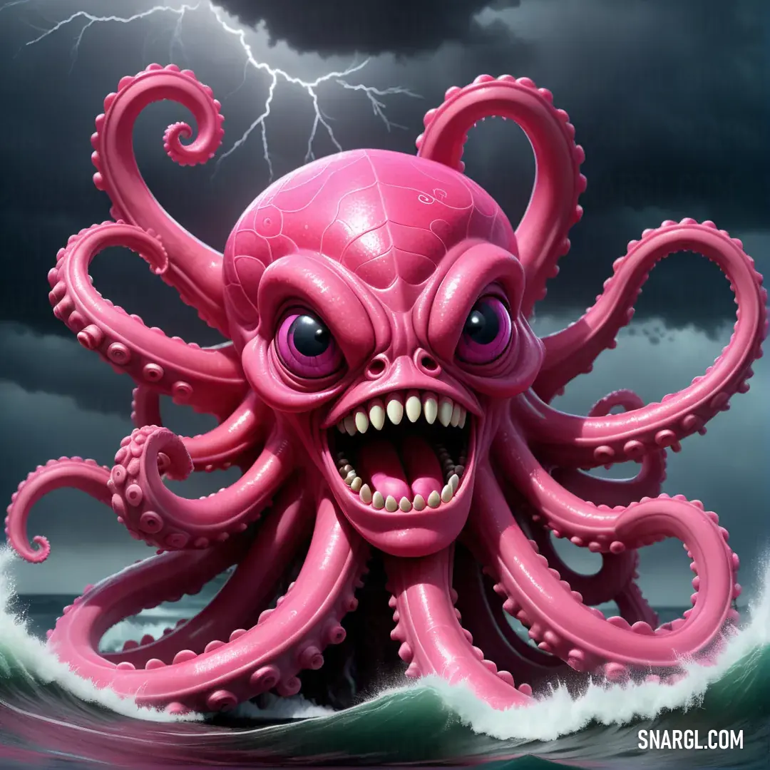 Pink octopus with a lightning in the background and a dark sky with clouds