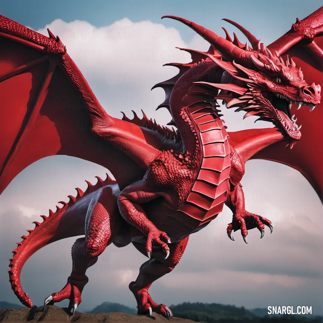 Red dragon statue on a hill with a cloudy sky in the background