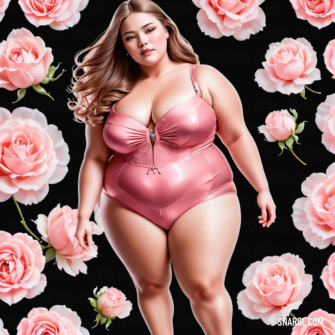 Woman in a pink lingerie surrounded by pink roses and roses on a black background