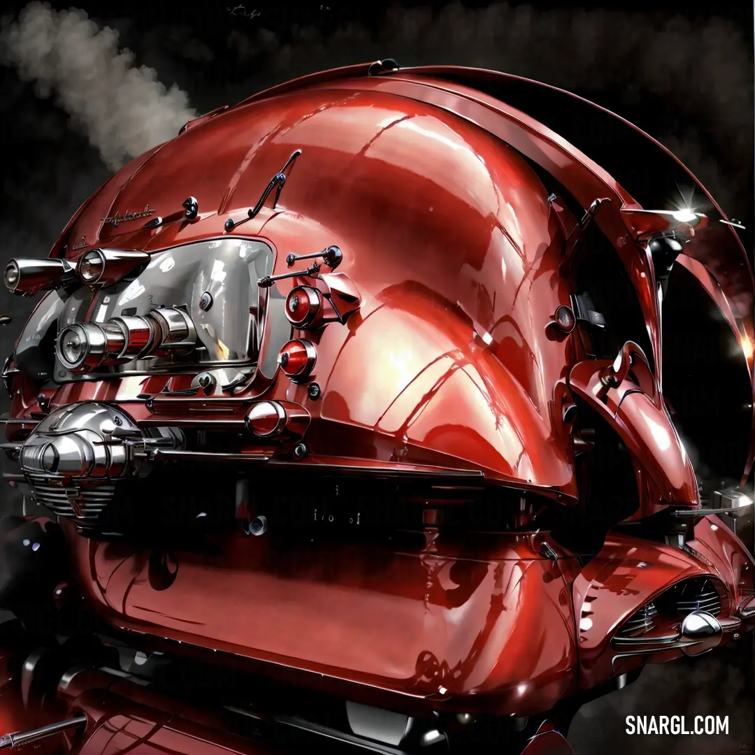 Red motorcycle engine with steam coming out of it's exhaust system and a black background with a white dot
