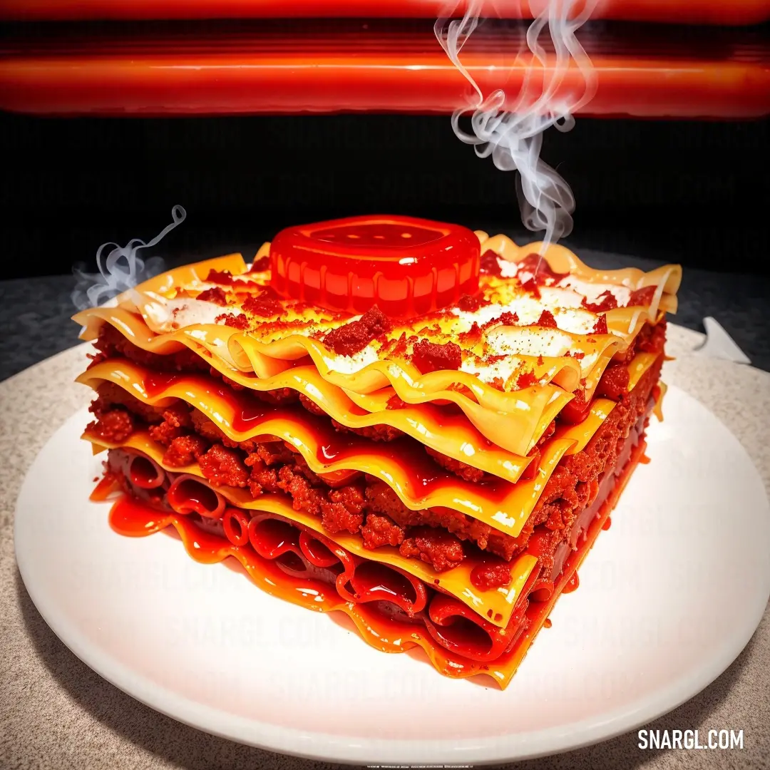 Stack of layered pizza on a plate with a red sauce on top of it and smoke coming out of the top