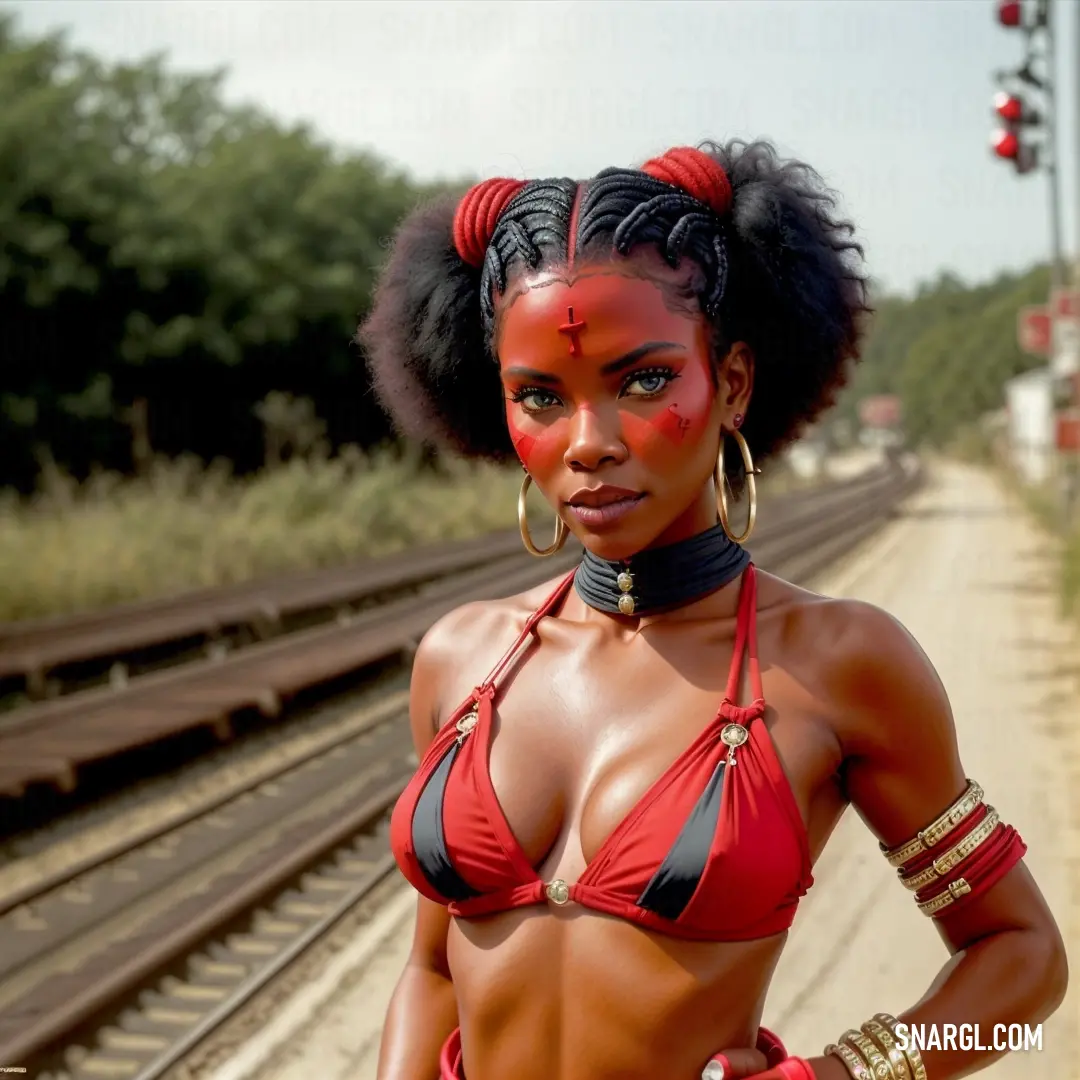 Woman in a bikini with a red face paint on her face and a train track in the background