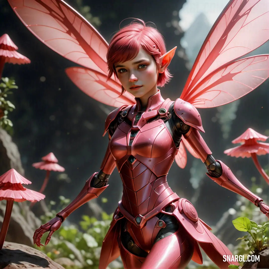 Woman in a red suit with wings and a red outfit on a rock in a forest with mushrooms