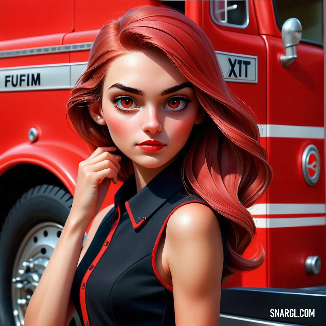 Woman with red hair standing next to a red truck with a red fire engine on it's side