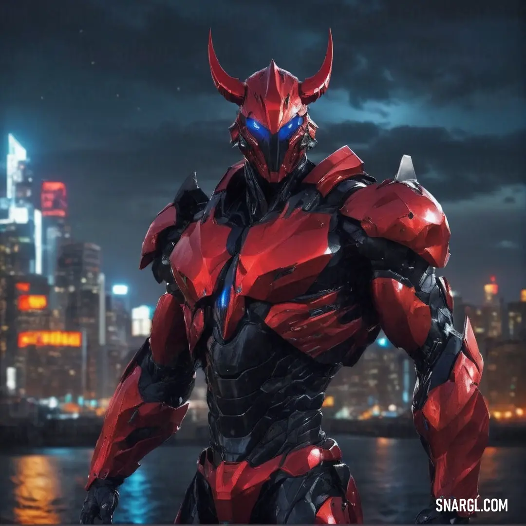 Red and black robot standing in front of a city skyline at night