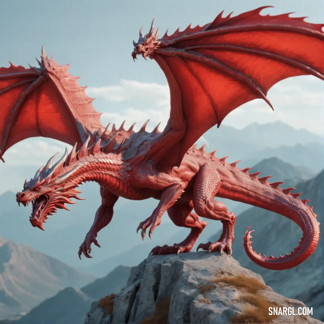 Red dragon statue on a rock in the mountains with mountains in the background and a blue sky with clouds