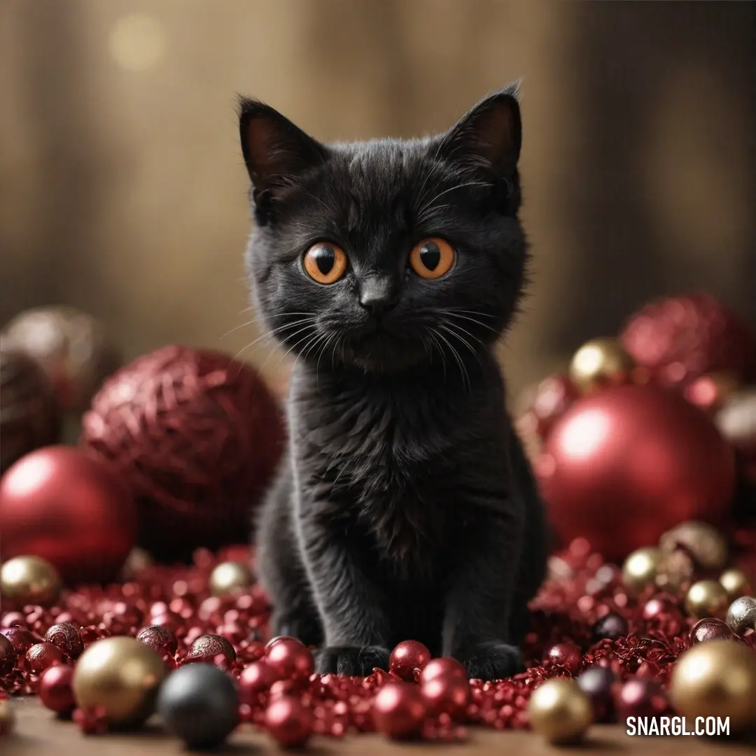 A fluffy black cat perches confidently atop a rustic table, surrounded by festive Christmas ornaments and shimmering baubles, all set against a charming wooden backdrop, perfectly encapsulating the holiday magic.