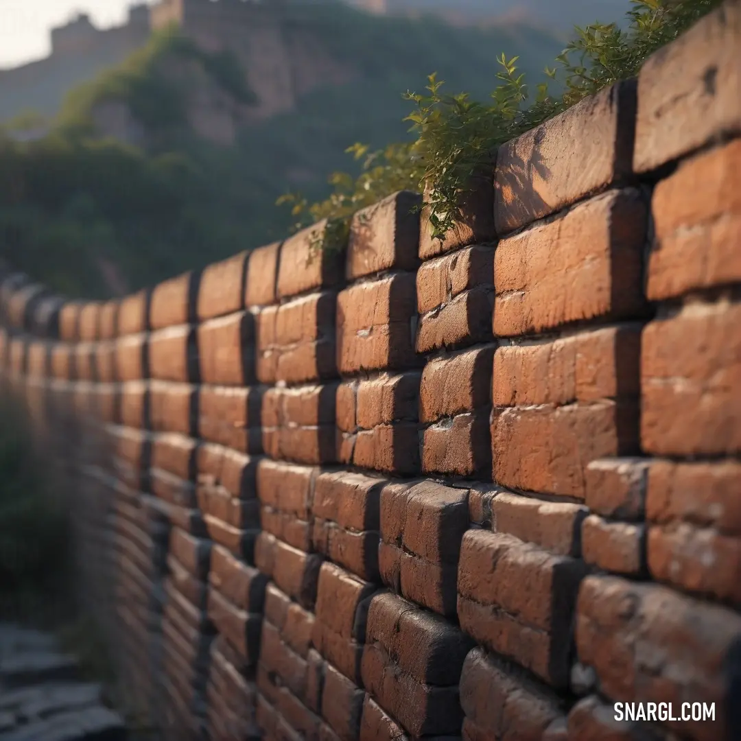 A textured brick wall with an unexpected green plant sprouting from its crevices, set against the majestic silhouette of a castle in the distance. The scene embodies an enchanting blend of nature and history with a PANTONE 187 touch.