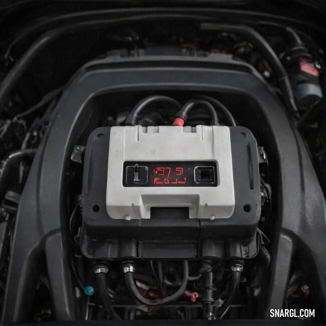 An intricate view of a car engine reveals the inner workings, featuring a digital clock displayed prominently on the side panel, showcasing the powerful PANTONE 187 red that symbolizes strength and precision.