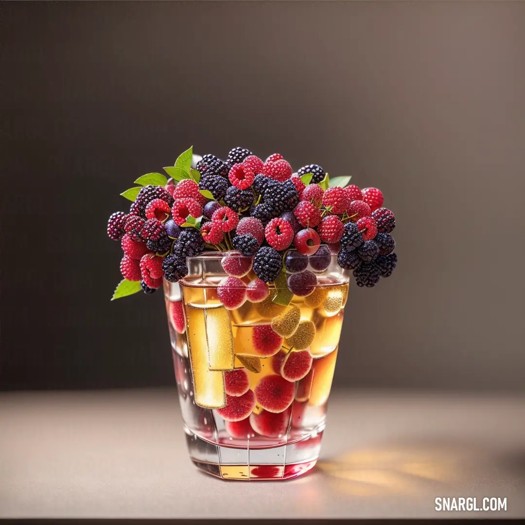 Glass filled with fruit and ice on a table next to a bottle of liquid and a green leaf