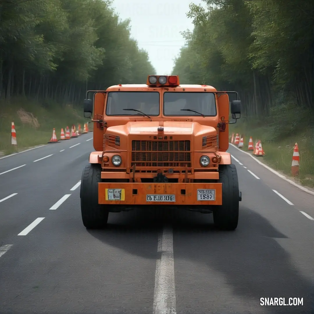 An orange truck drives down a road surrounded by lush trees, the scene captured with the warm, earthy tones of PANTONE 187. The truck stands out against the natural surroundings, creating a dynamic, adventurous atmosphere.