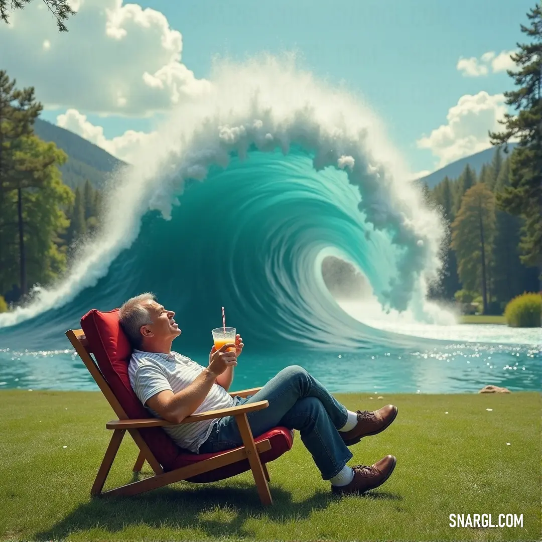 A relaxed man lounges in a chair with a drink in hand, facing a gigantic wave crashing in the distance, where the colors of the scene meld, including the bold richness of PANTONE 187, embodying a tranquil yet exhilarating ambiance.