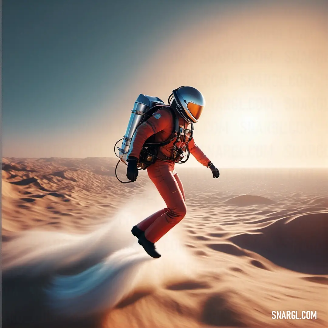 Man in a space suit is in the desert with a backpack on his back and a helmet on his head. Example of PANTONE 187 color.