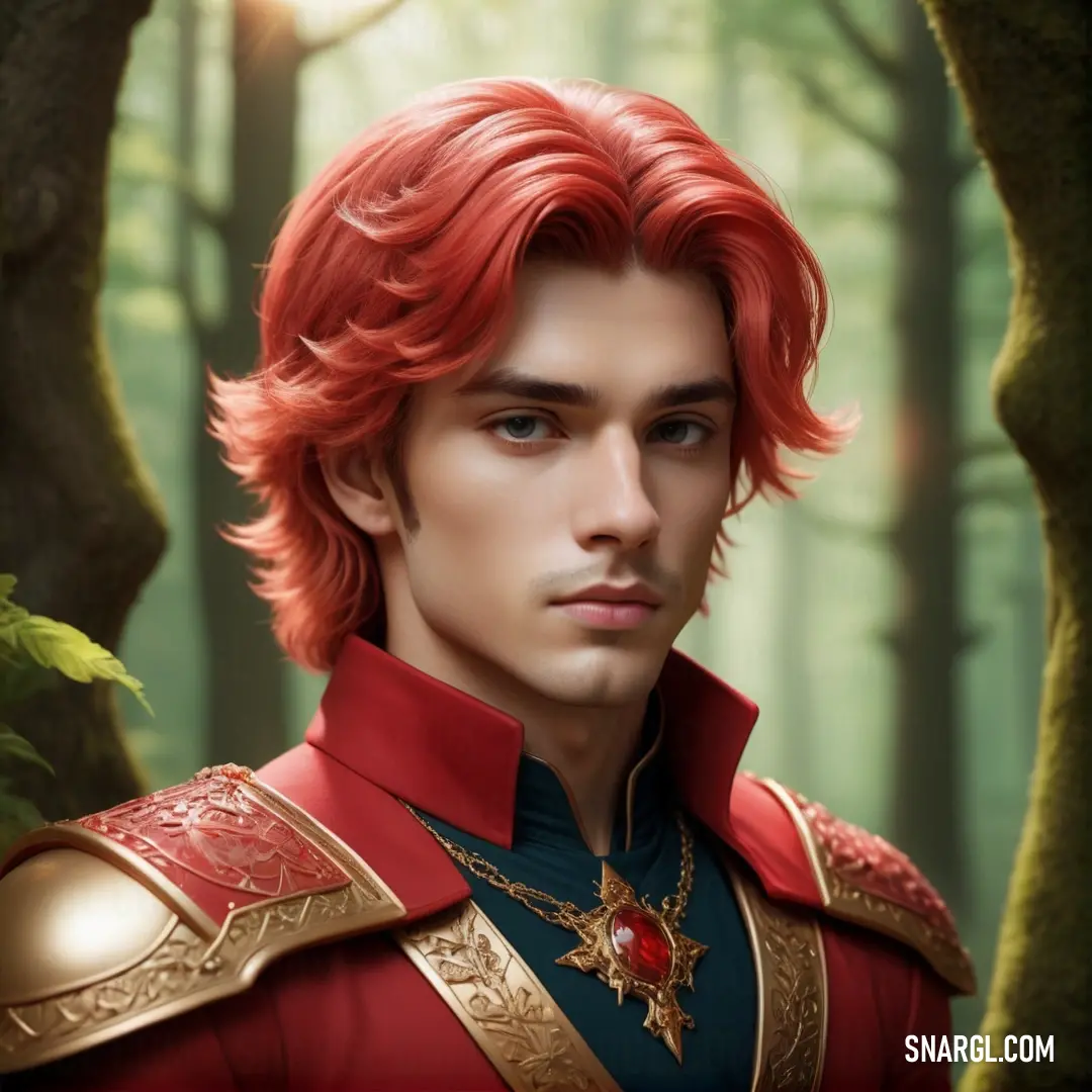 Man with red hair and a red suit in a forest with trees and leaves in the background. Color #AC2B37.