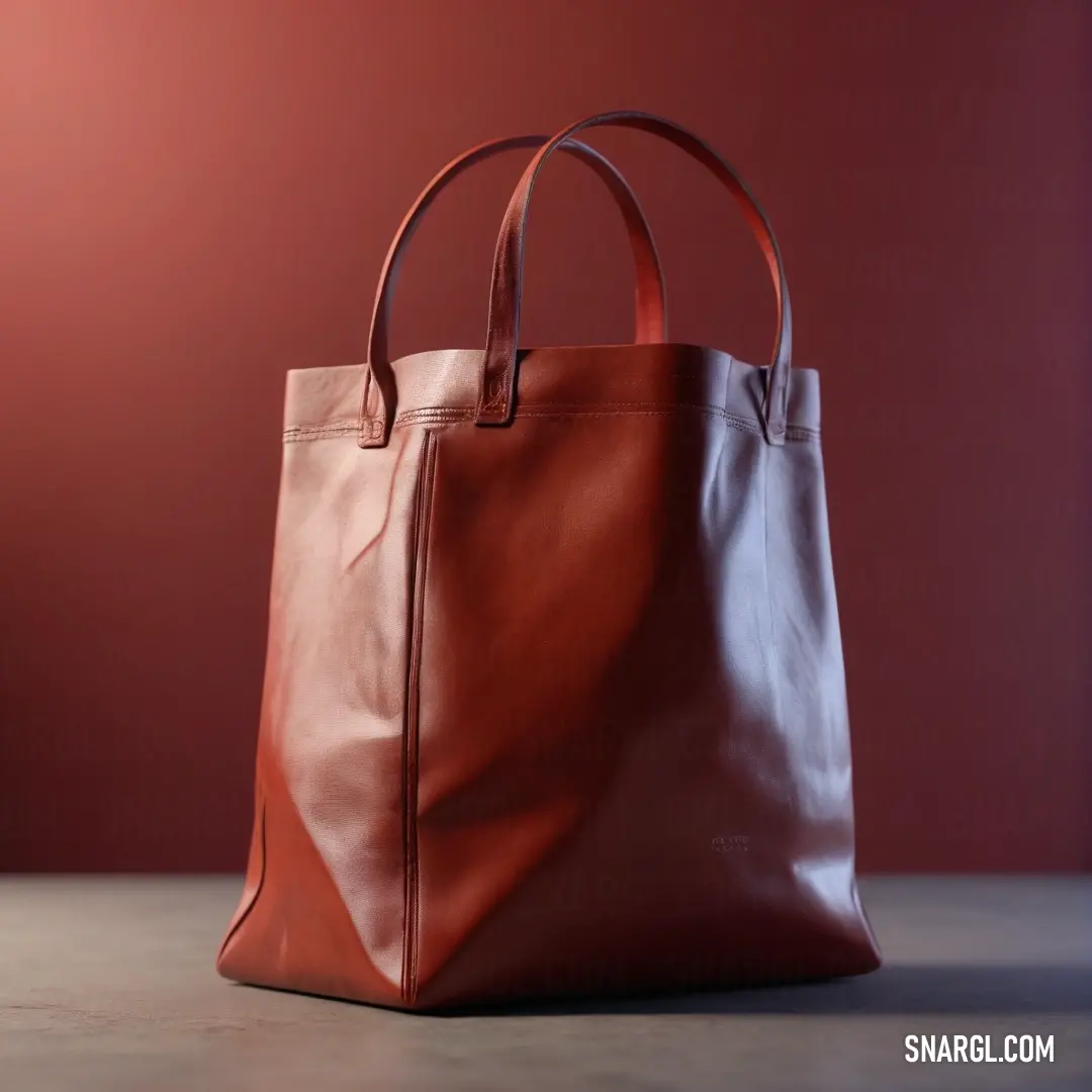 A stylish brown leather bag resting on a table, accentuated against a bold red wall, showcasing rich textures that exemplify elegance, paired beautifully with the deep hue of #AC2B37.