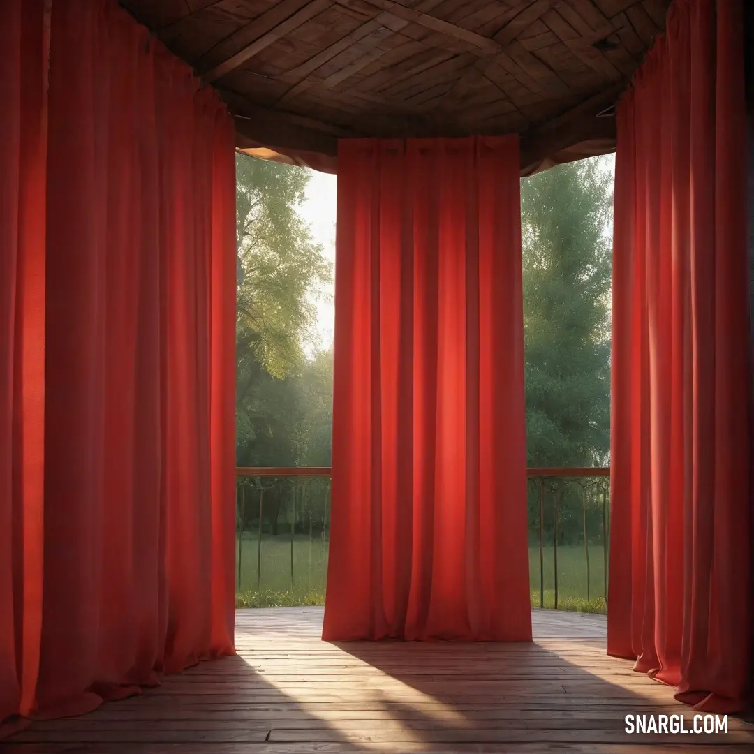 An inviting red-curtained room with a warm wooden floor, featuring a charming balcony adorned with railings, overlooking a tranquil scene of lush trees beyond - a delightful space that radiates warmth and comfort.