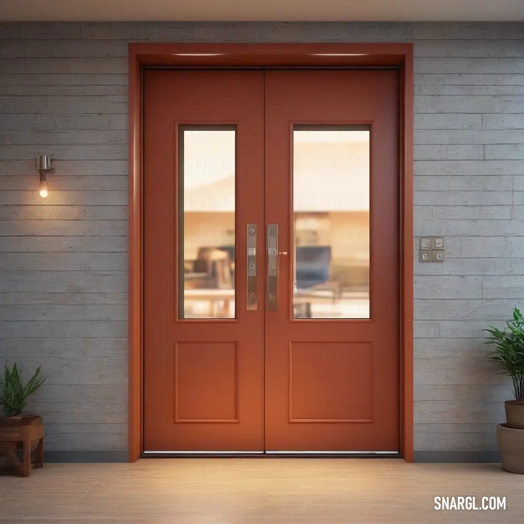 A vibrant red door framed by two sidelights, with a lush plant placed in front, against a textured brick wall. The rich RGB color combination of 172,43,55 enhances the door's boldness, inviting a sense of warmth and charm.