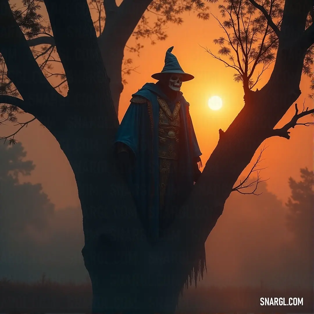 A mesmerizing scene featuring a lone scarecrow nestled among the branches of a gnarled tree, silhouetted against a vibrant sunset that casts a warm glow across the landscape.