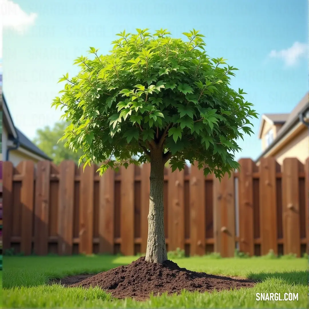 In a quaint yard, a solitary tree stands proudly next to a rustic fence, its branches invitingly reaching out, as the warm hues of #AC2B37 create a comforting atmosphere, showcasing the beauty of nature in everyday life.