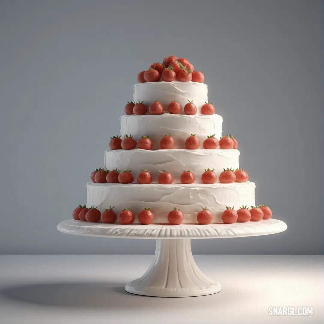 A three-tiered cake adorned with fresh strawberries, sitting elegantly on a white pedestal. The background is soft and gray, allowing the vivid, rich colors of the cake and strawberries to take center stage, highlighted by the RGB 172,43,55 color.