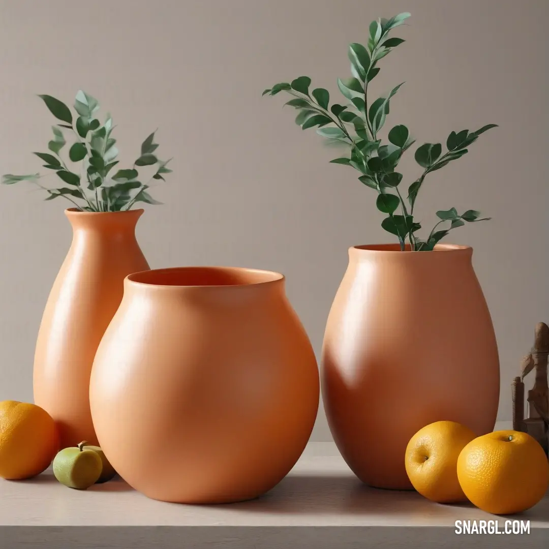 Three vases filled with lush plants rest on a table, accompanied by fruit and a basket of oranges. The scene is enriched with a bright color palette, especially the striking CMYK 7,100,82,26 hues, adding vibrancy to the natural elements.