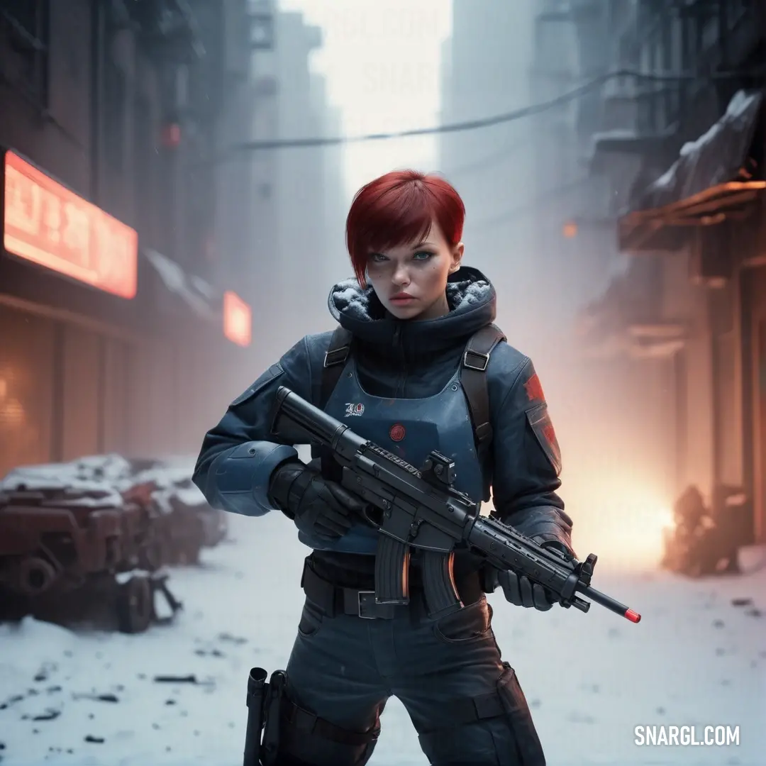 Woman in a futuristic suit holding a gun in a snowy city street with a neon sign in the background. Color #AC2B37.