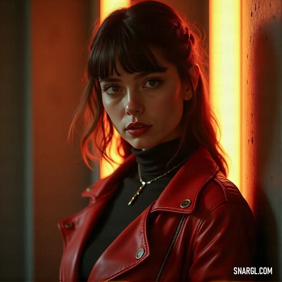 A confident woman showcases a stunning red leather jacket against a warm yellow glow, while her black turtleneck adds elegance to her stylish appearance. The vibrant light reflects a playful spirit and creates a striking visual impact.