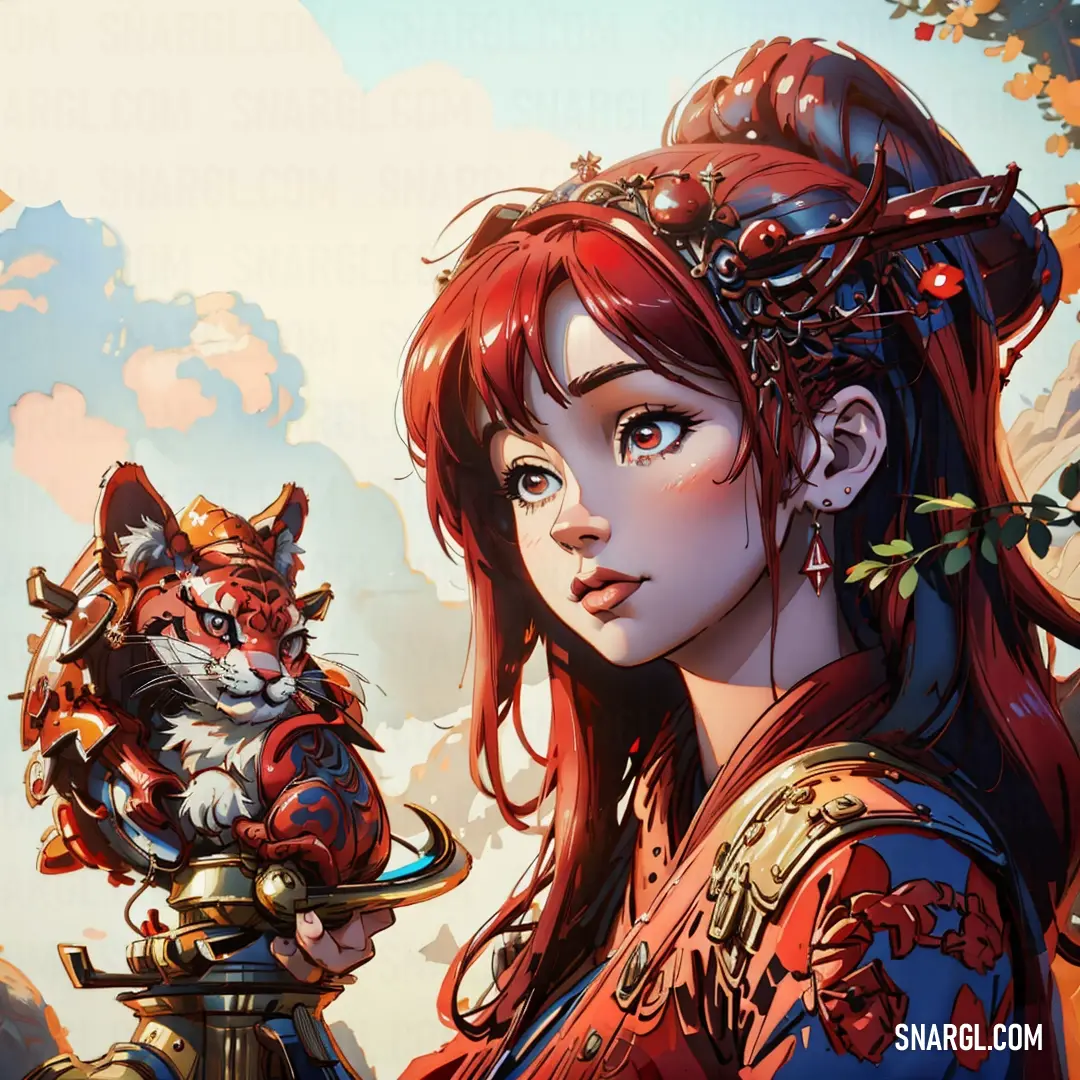 Woman with a red hair and a fox on her shoulder holding a sword and a cat on her shoulder. Example of RGB 172,43,55 color.